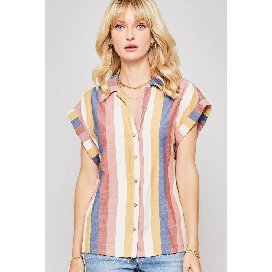 A Woven Shirt In Multicolor Striped With Collared Neckline