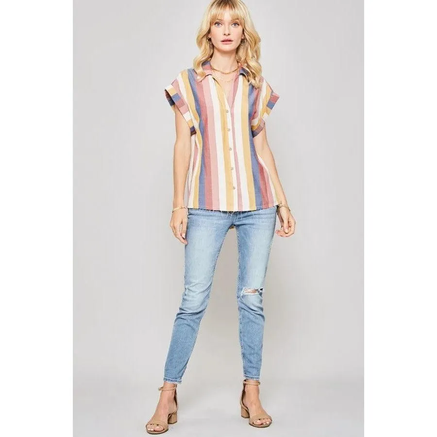 A Woven Shirt In Multicolor Striped With Collared Neckline