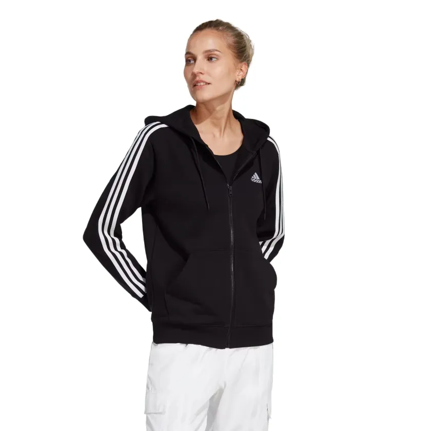 Adidas women's hooded sweatshirt with 3 stripes full zip in light cotton IC8769 black