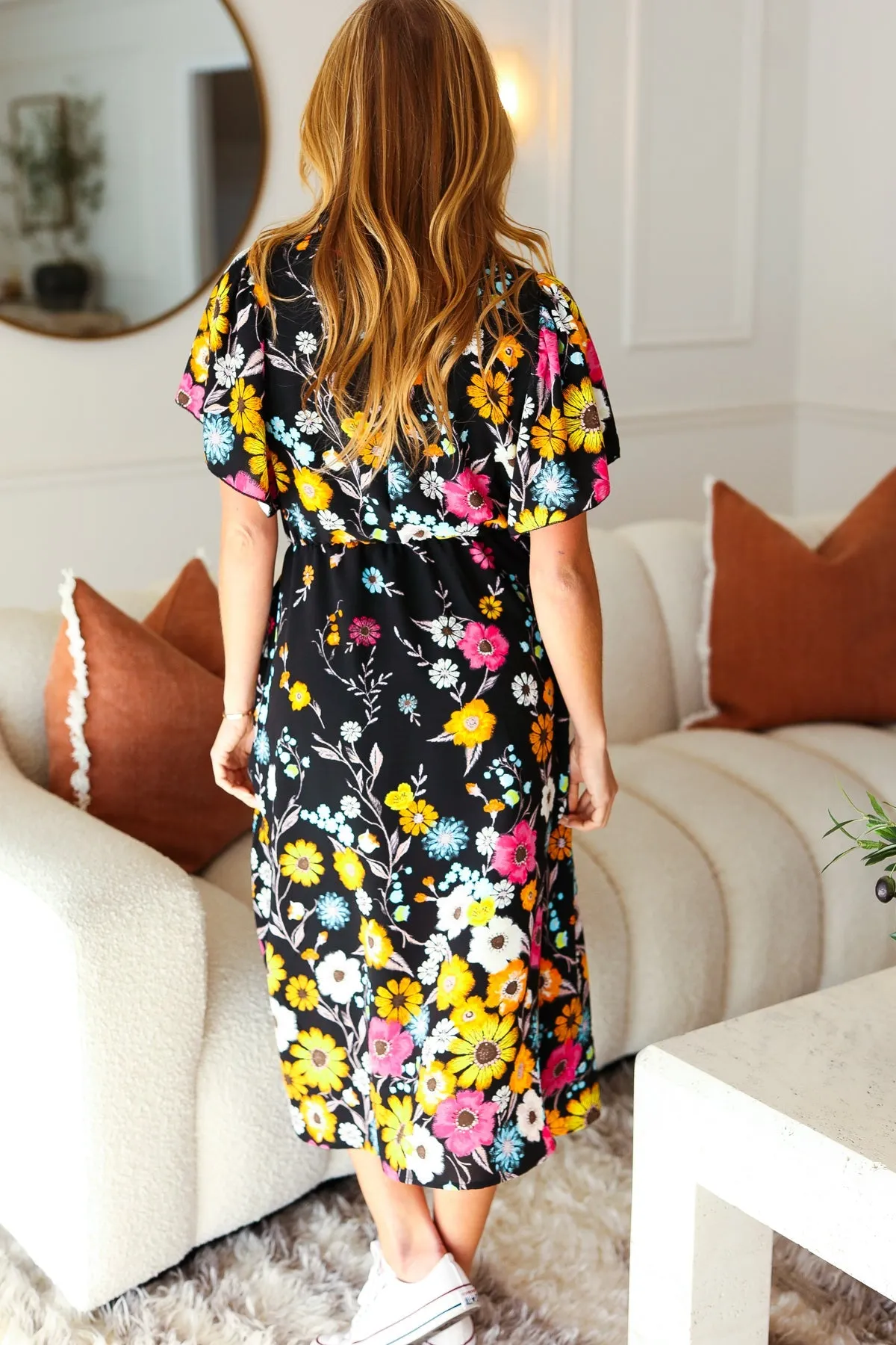 Beautifully You Black Floral Frill Mock Neck Flutter Sleeve Midi Dress