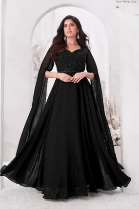 Black Embellished Swiss Georgette Silk Cape Lehenga Set