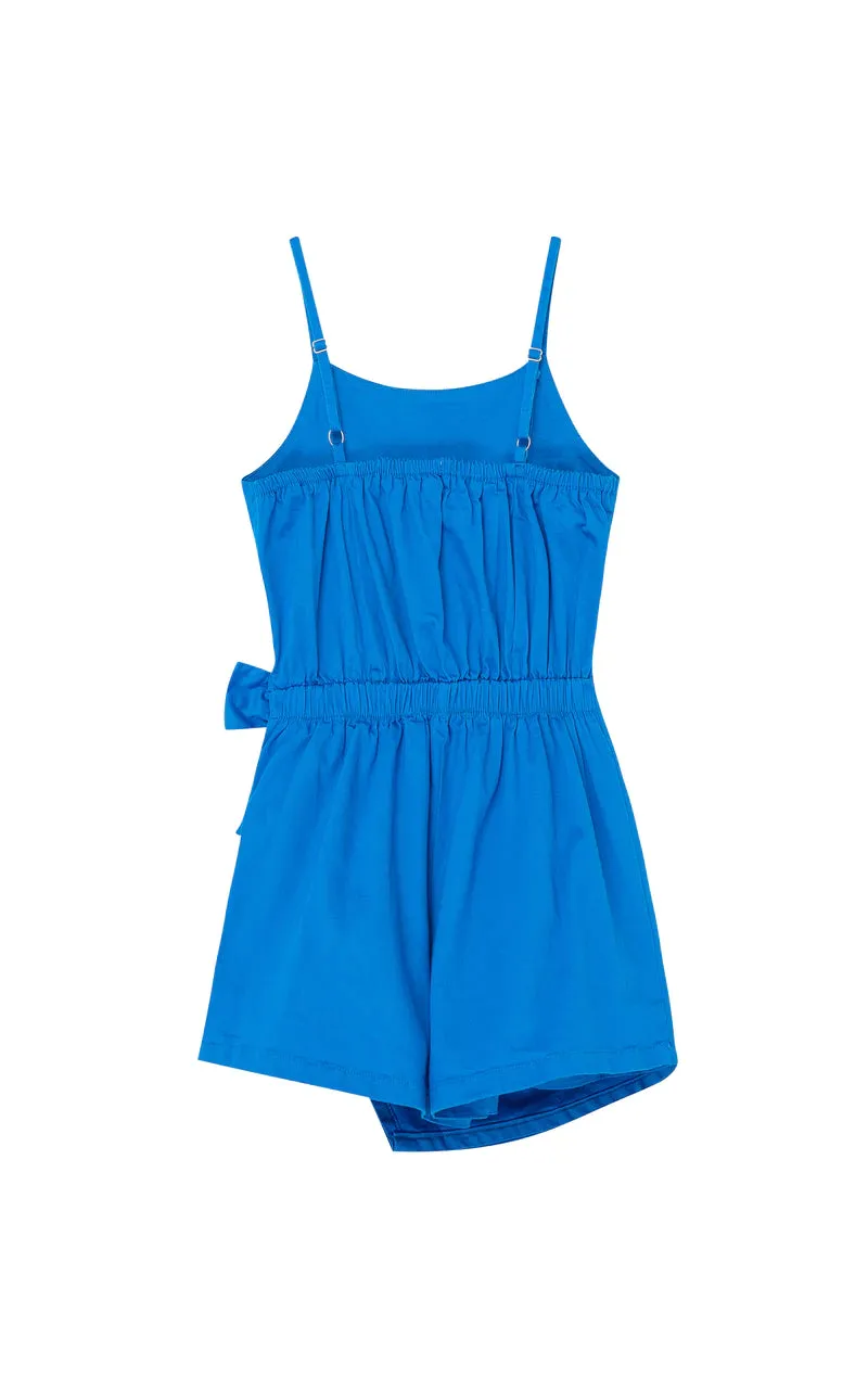 Blue Mock Wrap Gathered Romper