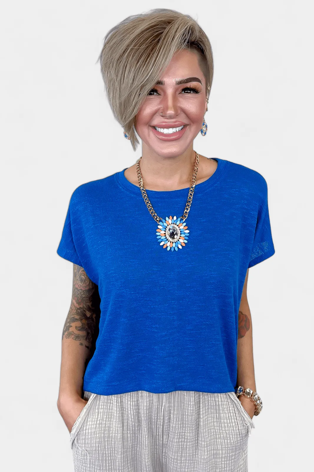 Blue Short Sleeve Crop Top