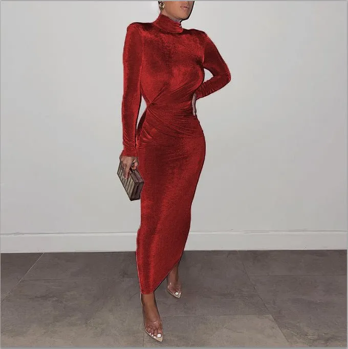 Body Con Long Sleeve Mock Neck Maxi Dress