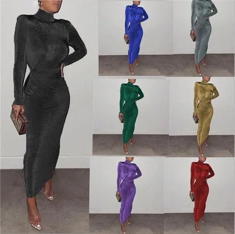 Body Con Long Sleeve Mock Neck Maxi Dress