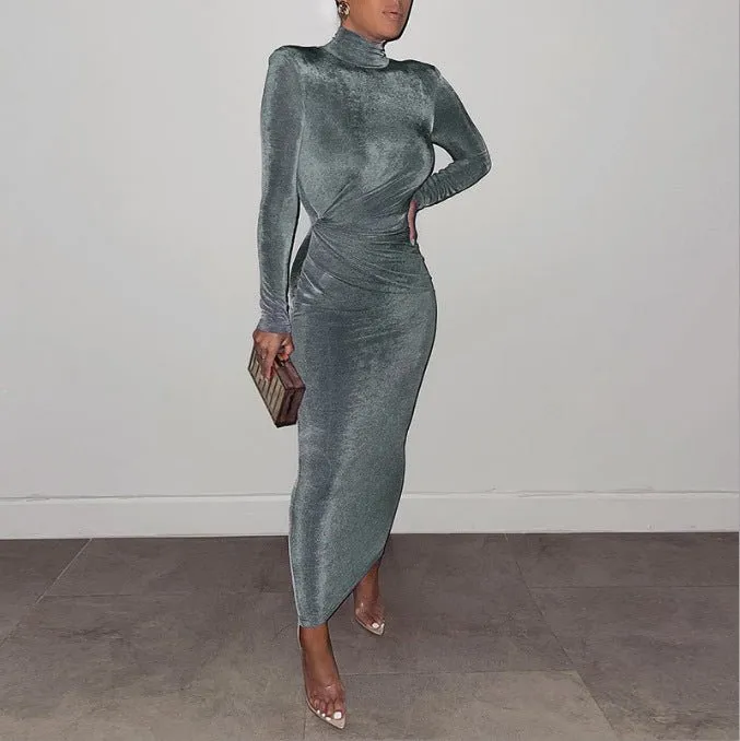 Body Con Long Sleeve Mock Neck Maxi Dress