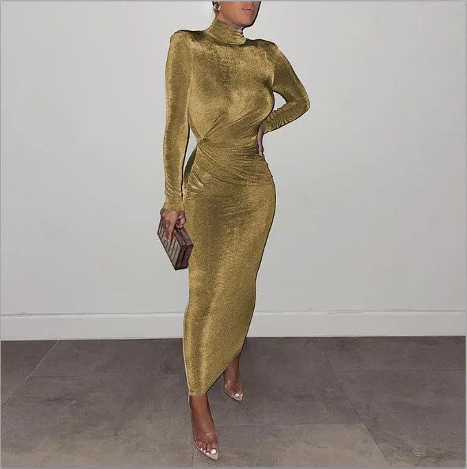 Body Con Long Sleeve Mock Neck Maxi Dress