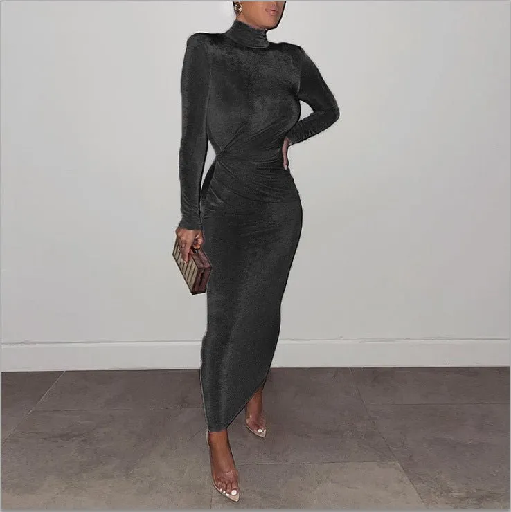 Body Con Long Sleeve Mock Neck Maxi Dress