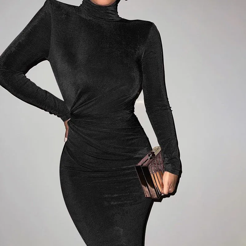 Body Con Long Sleeve Mock Neck Maxi Dress