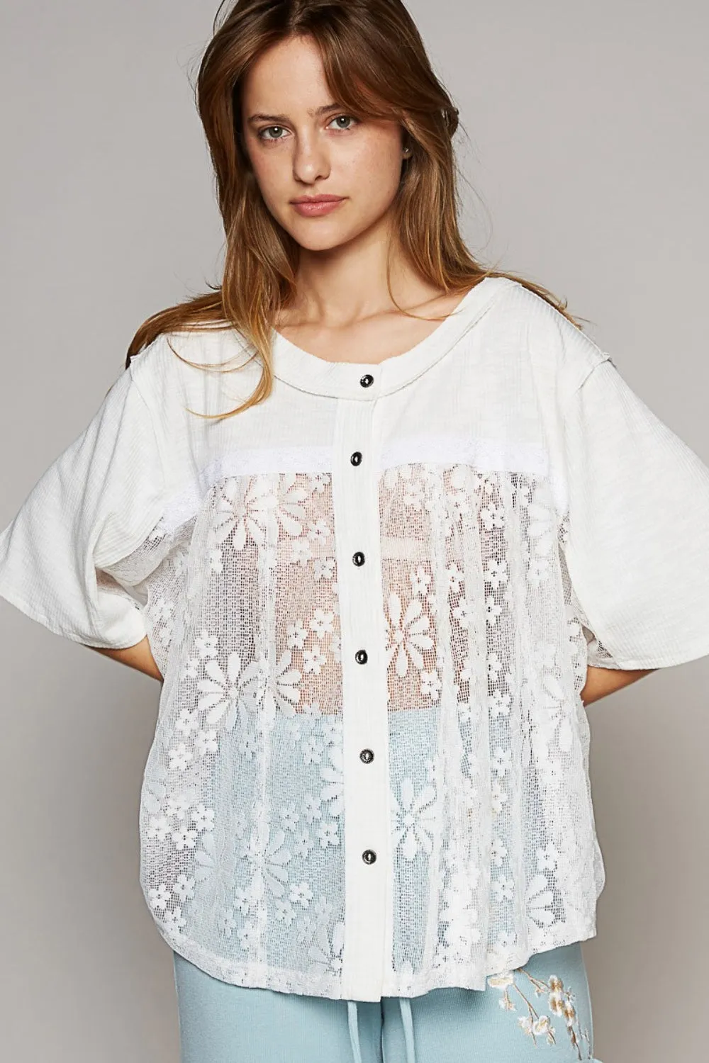 Bohemian Lace Blouse POL Round Neck Short Sleeve Lace Top