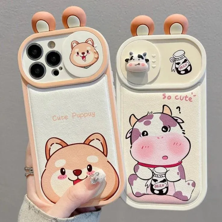 Cartoon Pink Pig, Puppy, Panda, and Cow Cute Phone Case For iPhone 15 Pro Max, 14, 13, 11, or 12