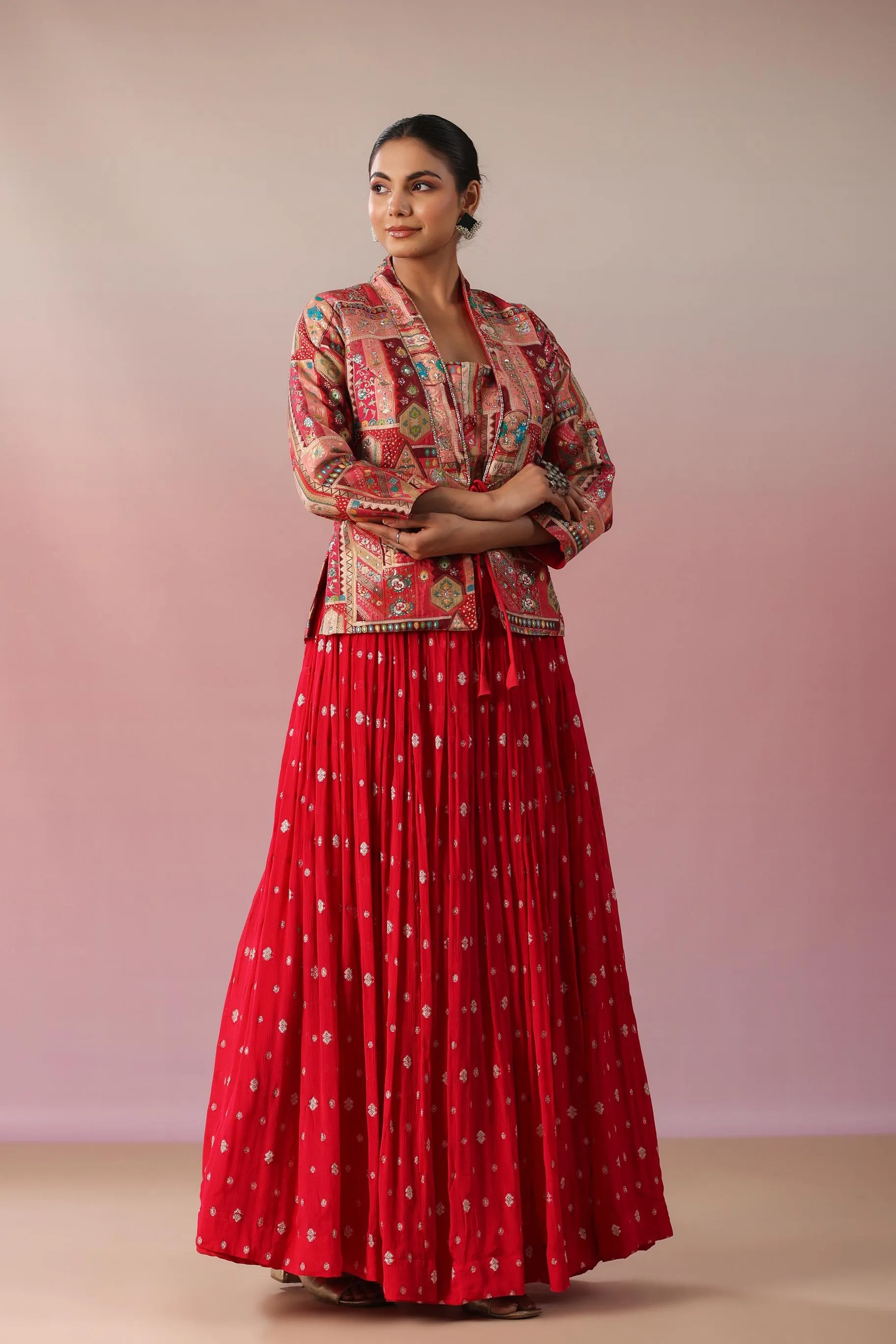 Cerise Pink Embroidered Chinon Silk Skirt Set