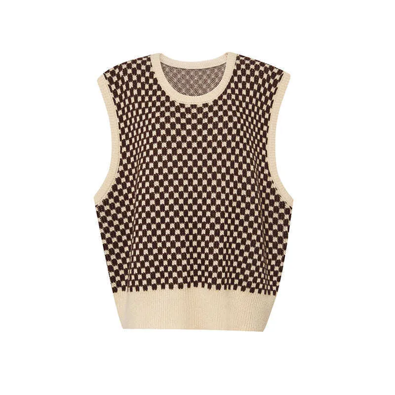 Checkered Sweater Vest With Round Neck