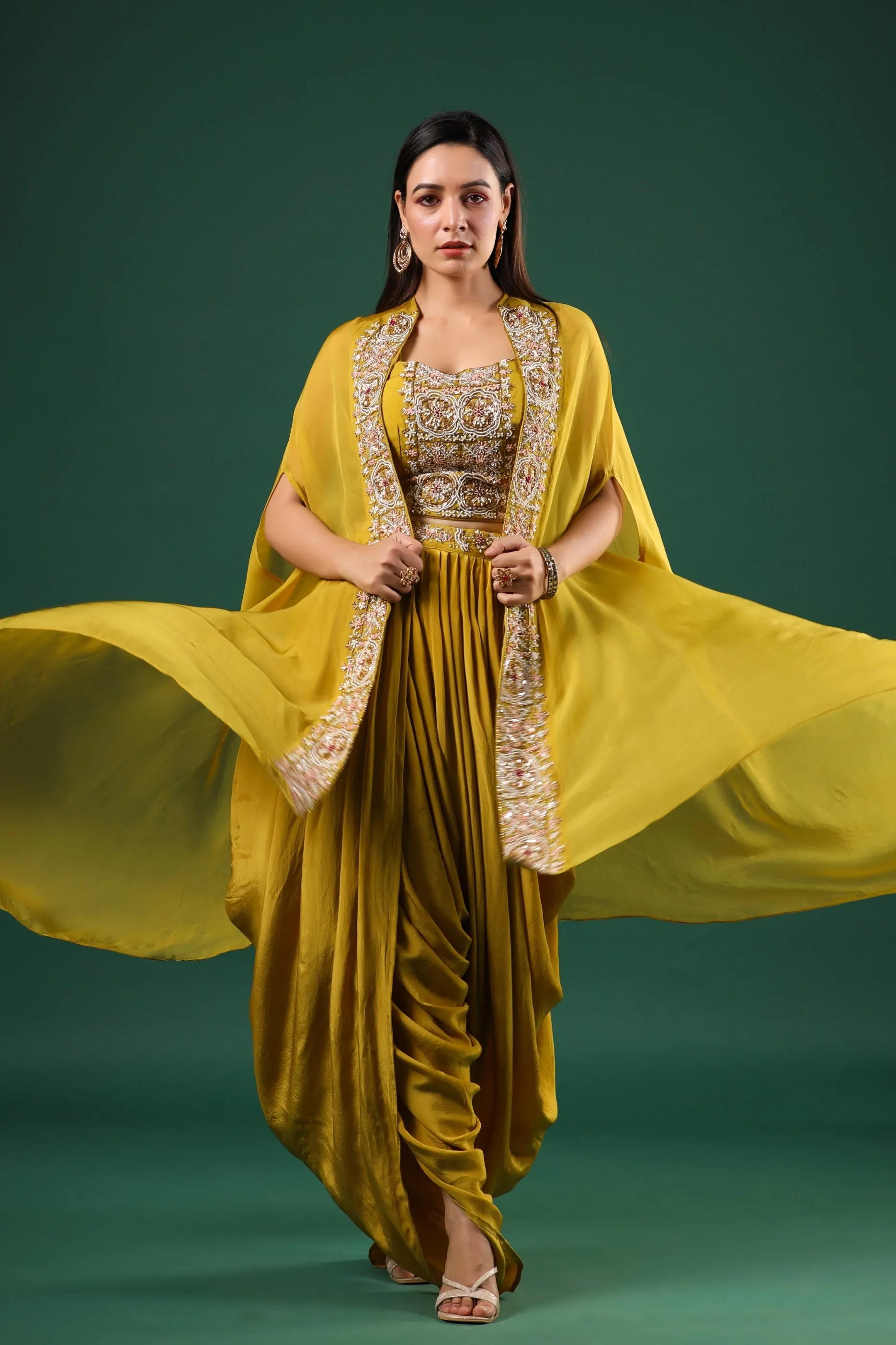 Corn Yellow Embroidered Mulberry Silk Cape Set