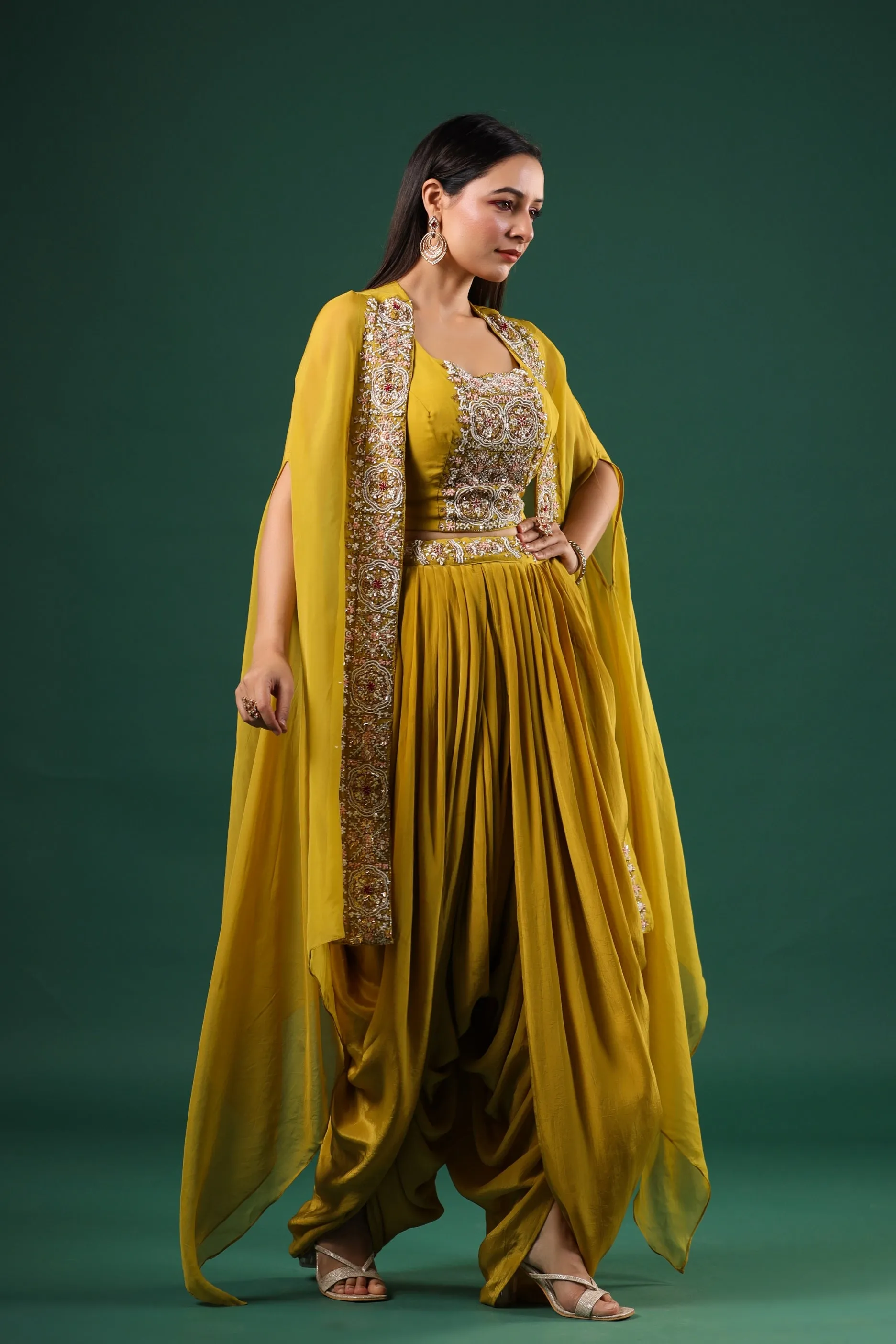 Corn Yellow Embroidered Mulberry Silk Cape Set