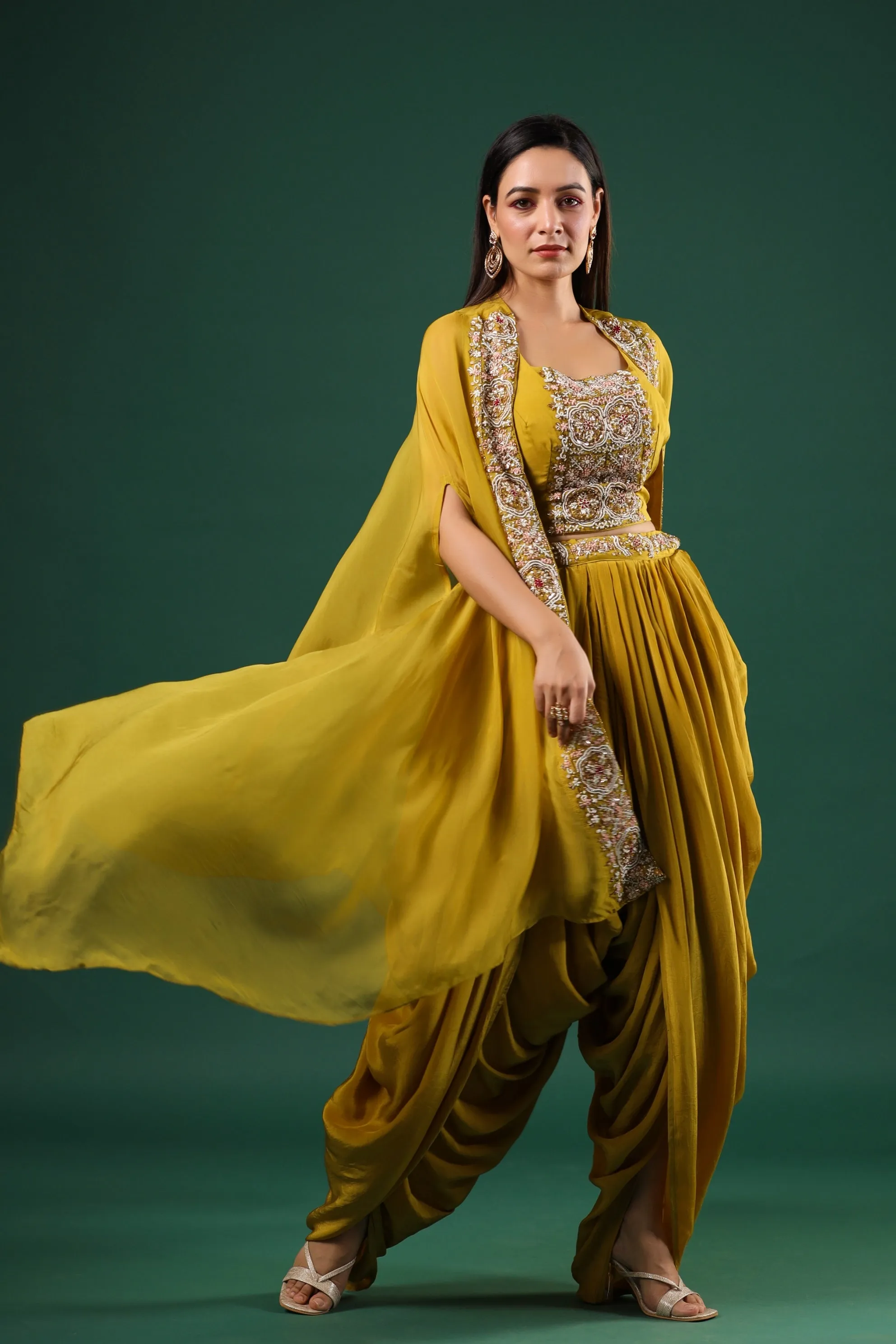 Corn Yellow Embroidered Mulberry Silk Cape Set