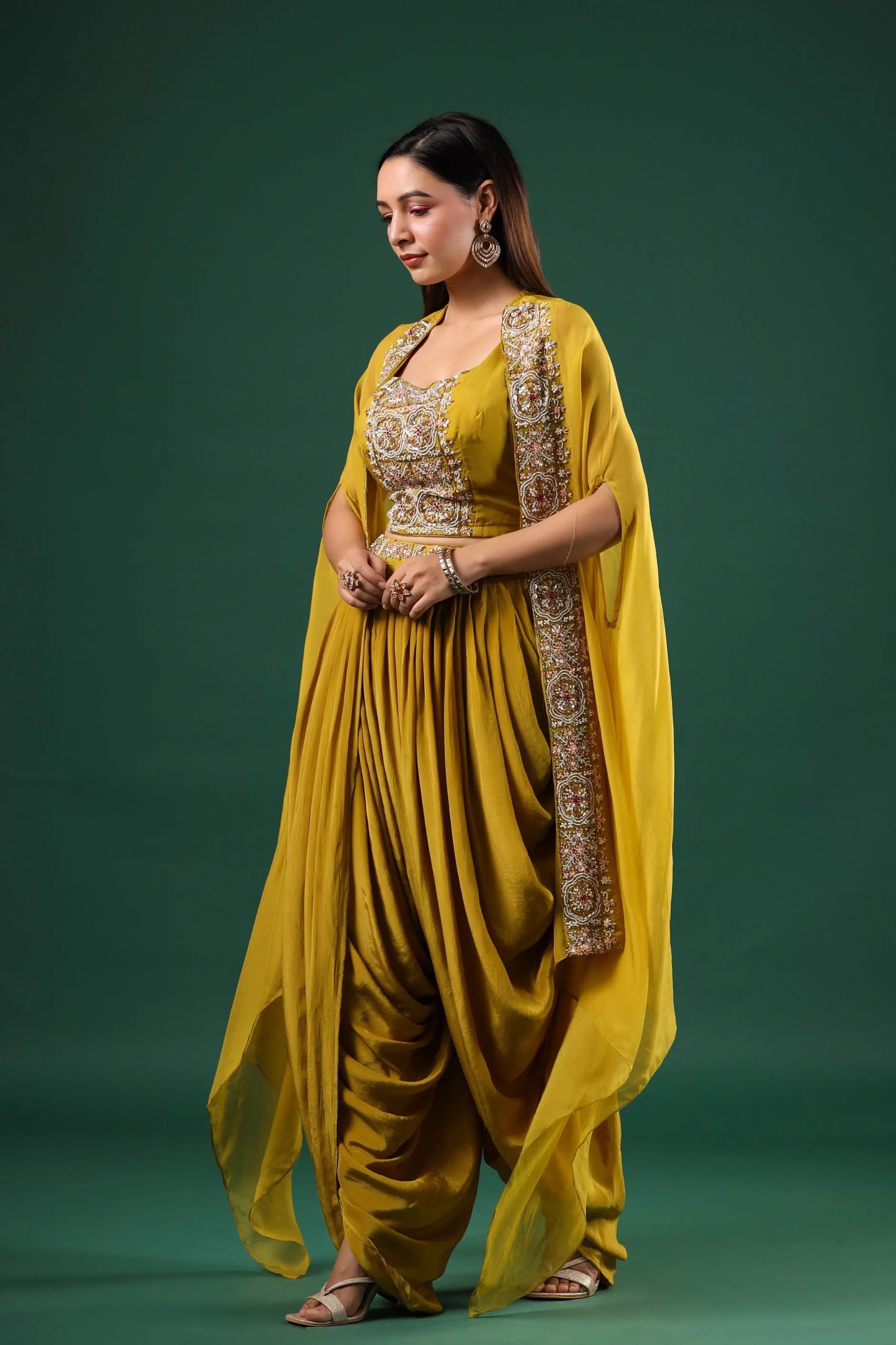 Corn Yellow Embroidered Mulberry Silk Cape Set