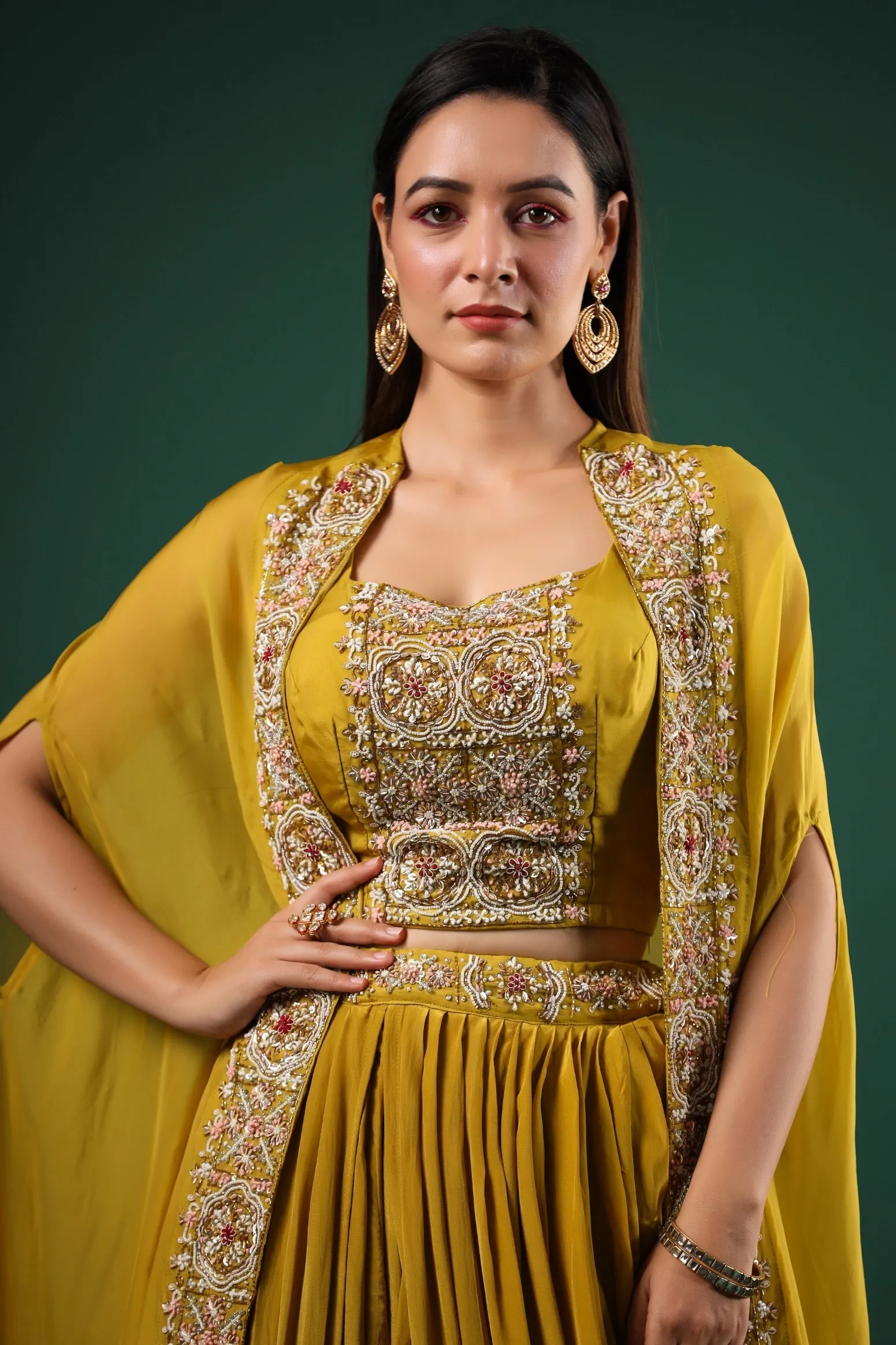 Corn Yellow Embroidered Mulberry Silk Cape Set