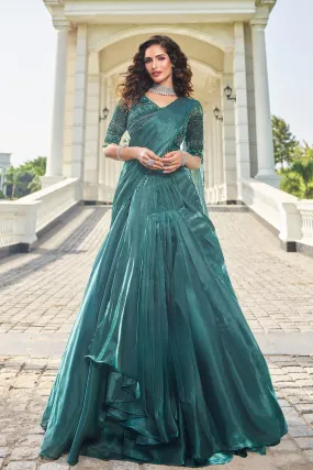 Dark Green Shimmer Organza Silk Draped Lehenga Saree