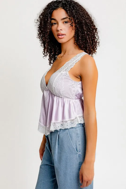 Deep V-Neck Lace Satin Top