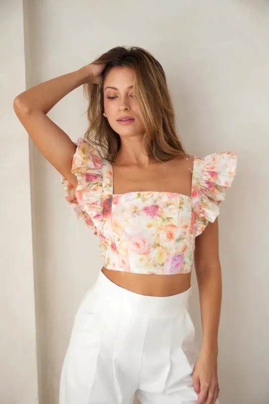 Floral Print Flutter Sleeve Crop Top