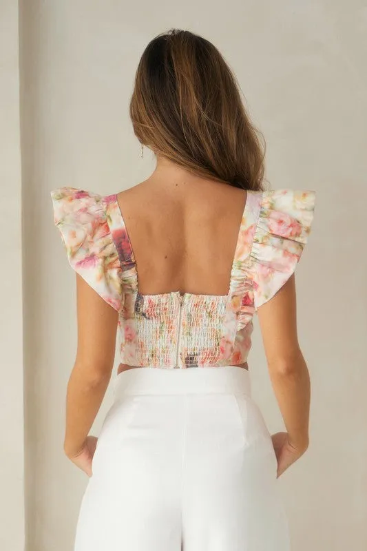 Floral Print Flutter Sleeve Crop Top