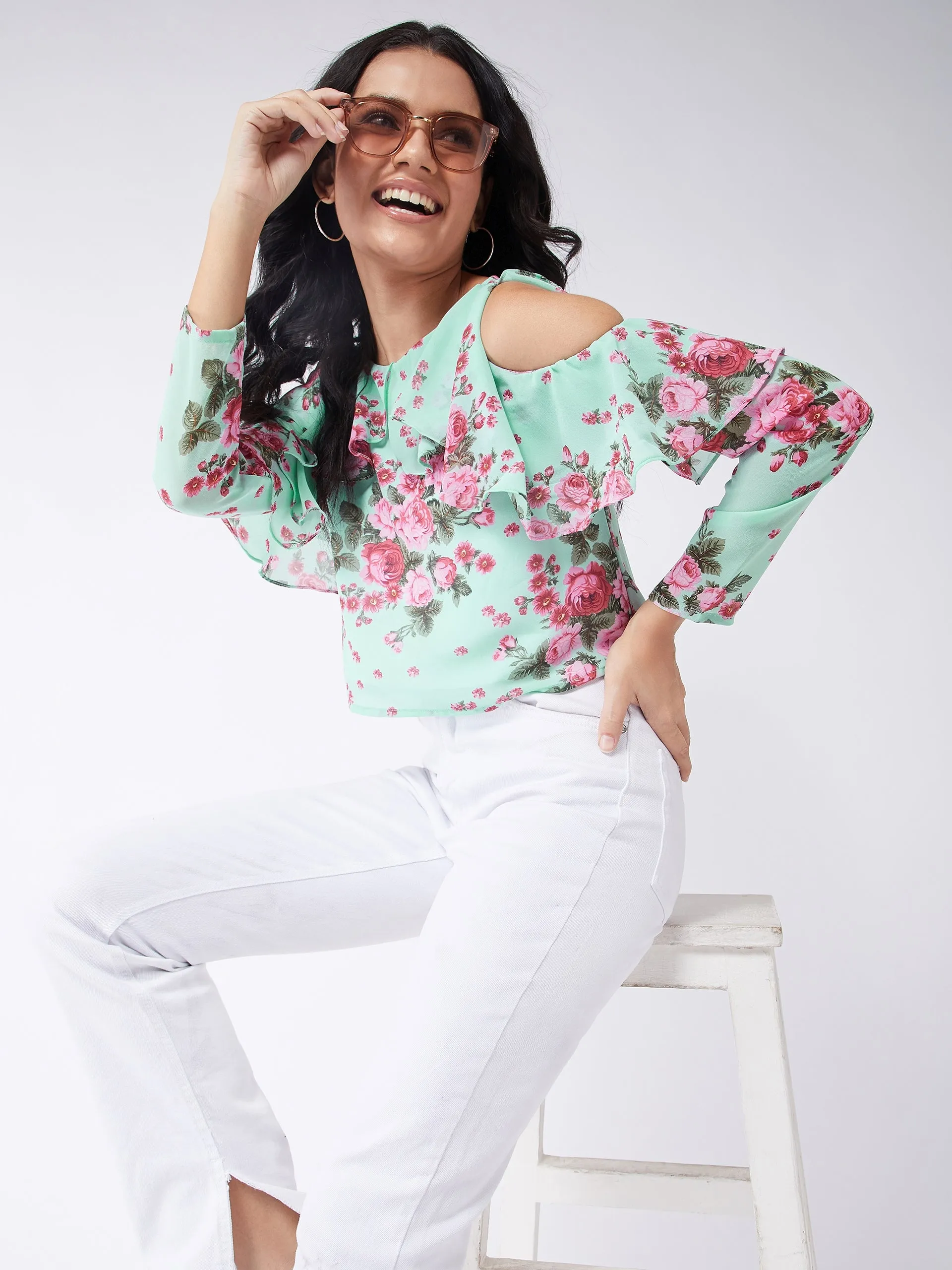 Floral Ruffle Cold-Shoulder Top