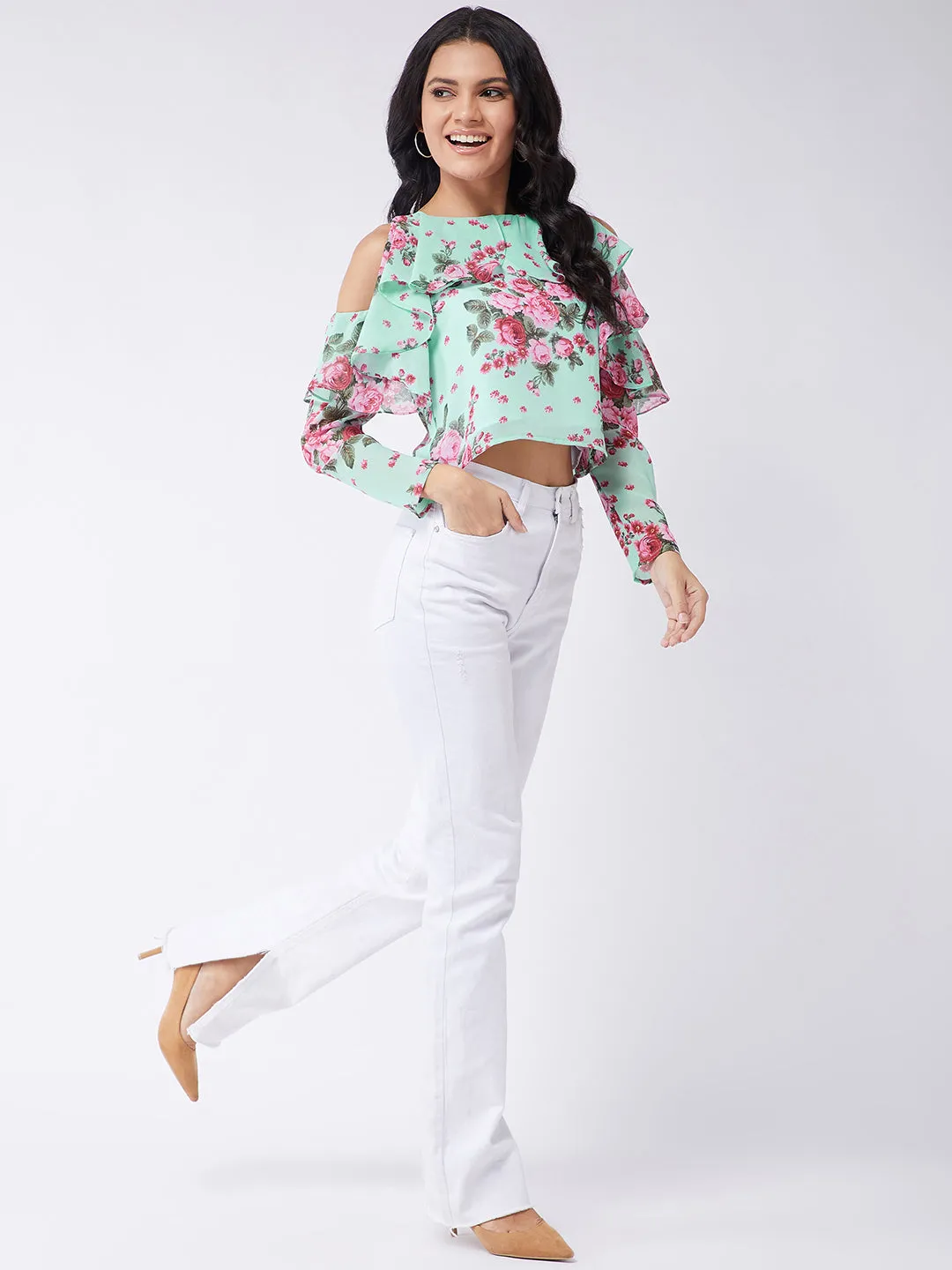 Floral Ruffle Cold-Shoulder Top