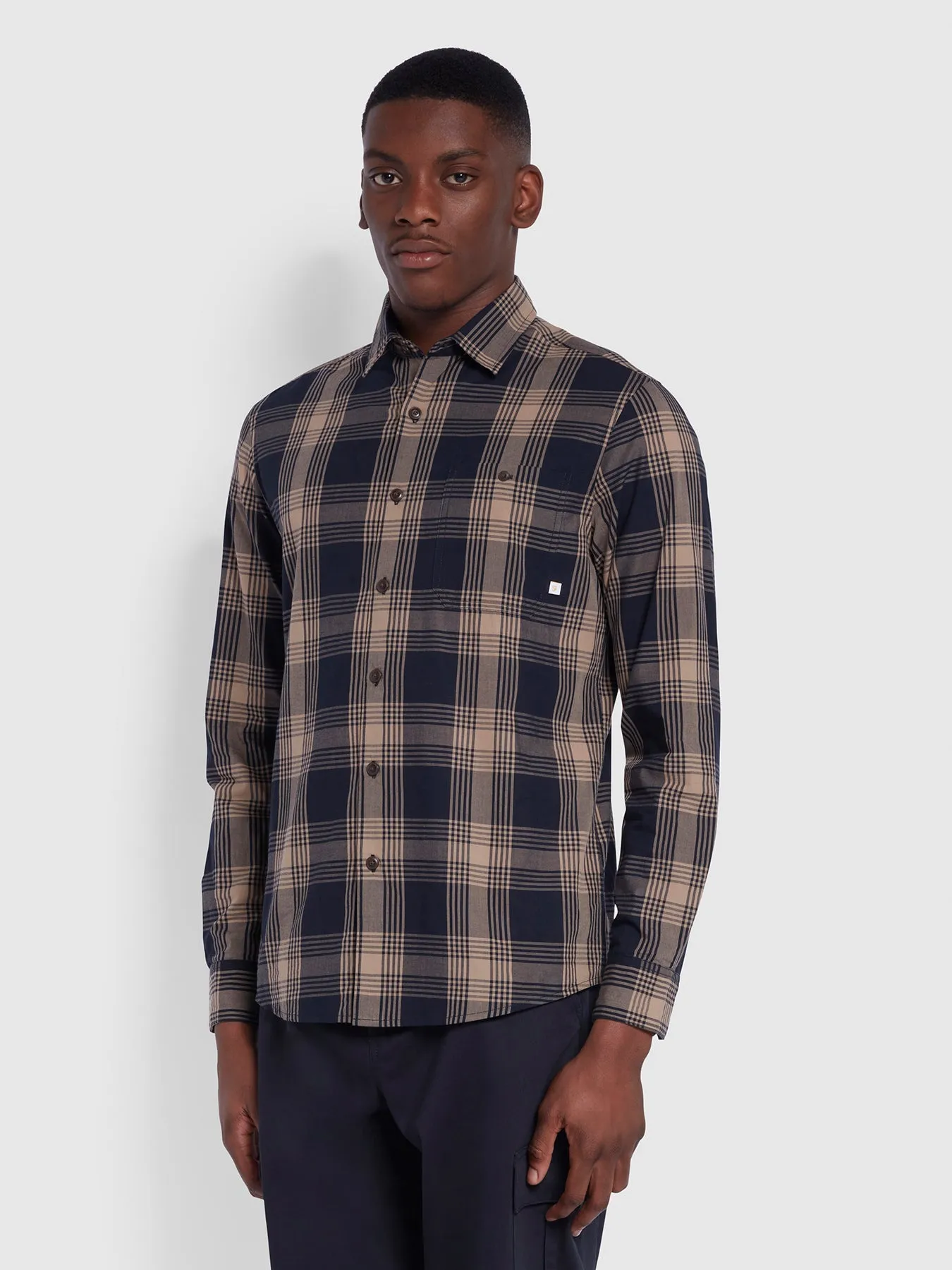 Garner Casual Fit Organic Cotton Check Shirt In True Navy