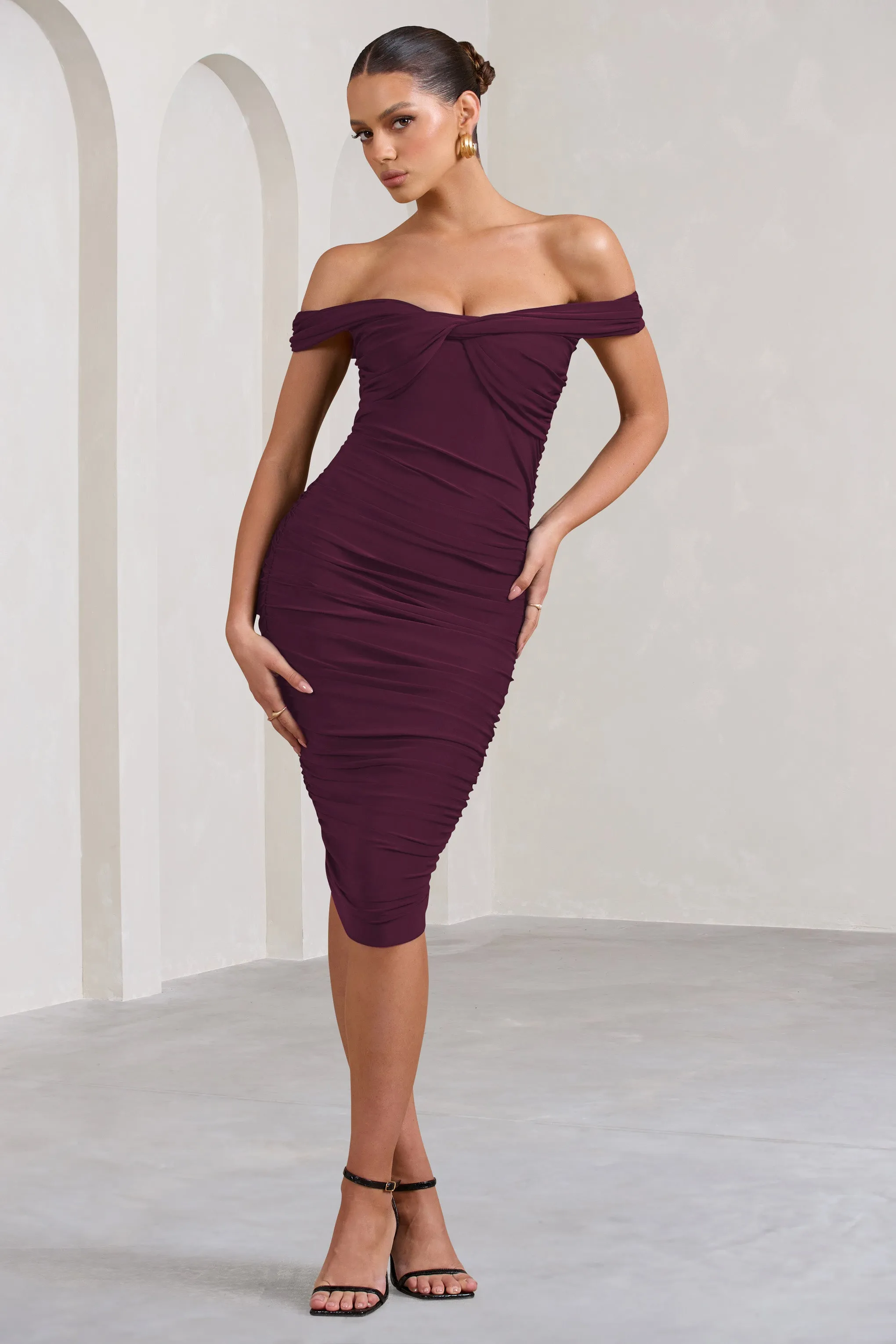 Gratitude | Plum Off The Shoulder Ruched Midi Dress