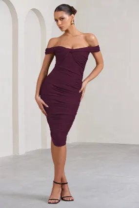 Gratitude | Plum Off The Shoulder Ruched Midi Dress