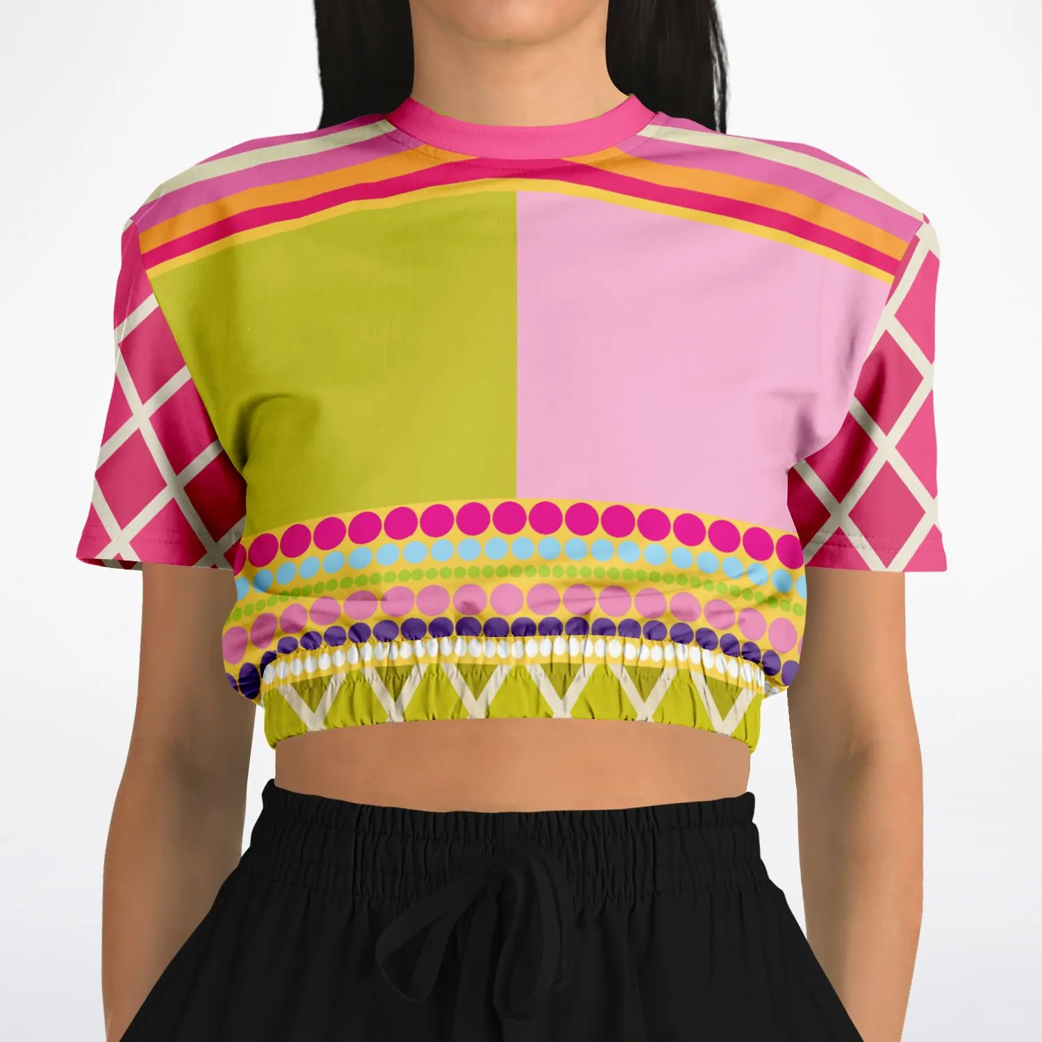 Hello Janis!  Pink Spliced Short Sleeve Cropped Sweater