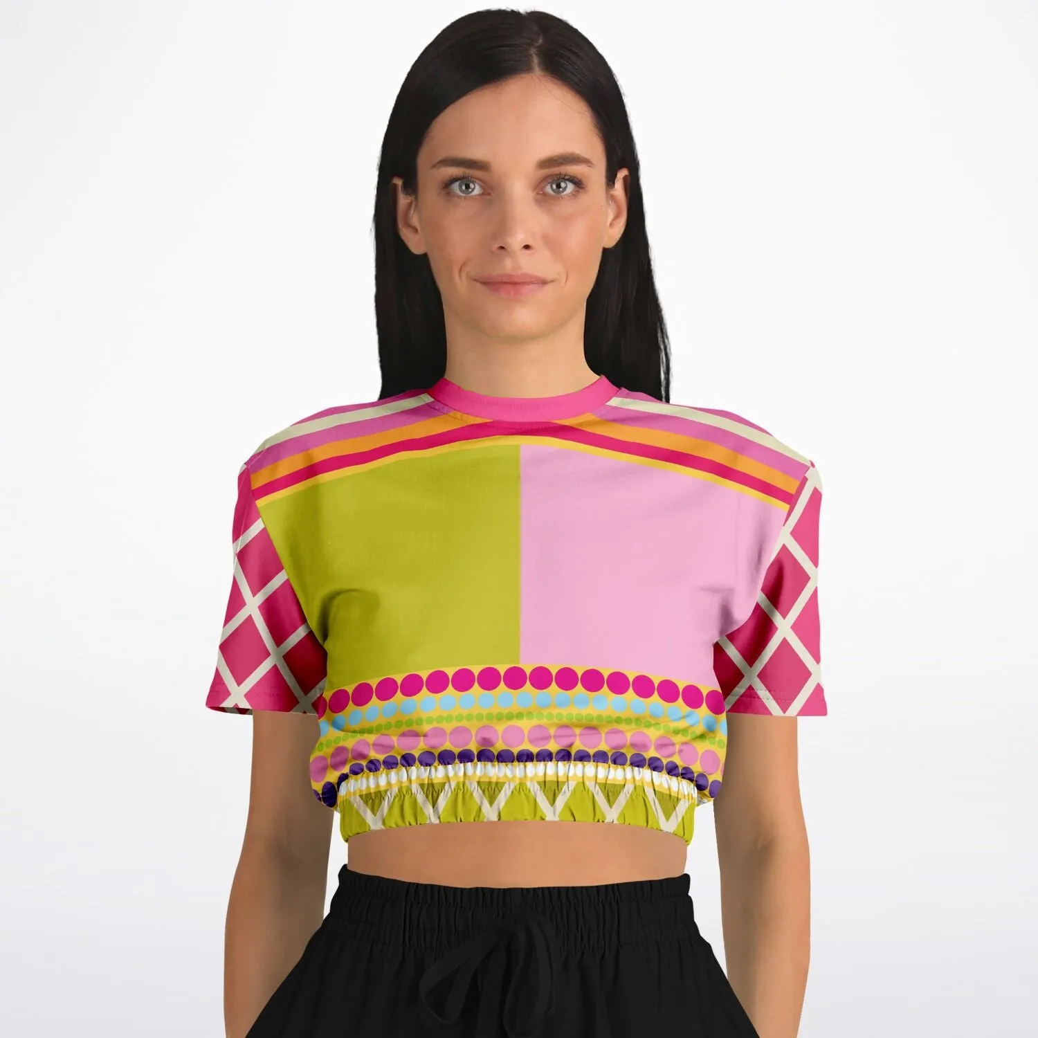 Hello Janis!  Pink Spliced Short Sleeve Cropped Sweater