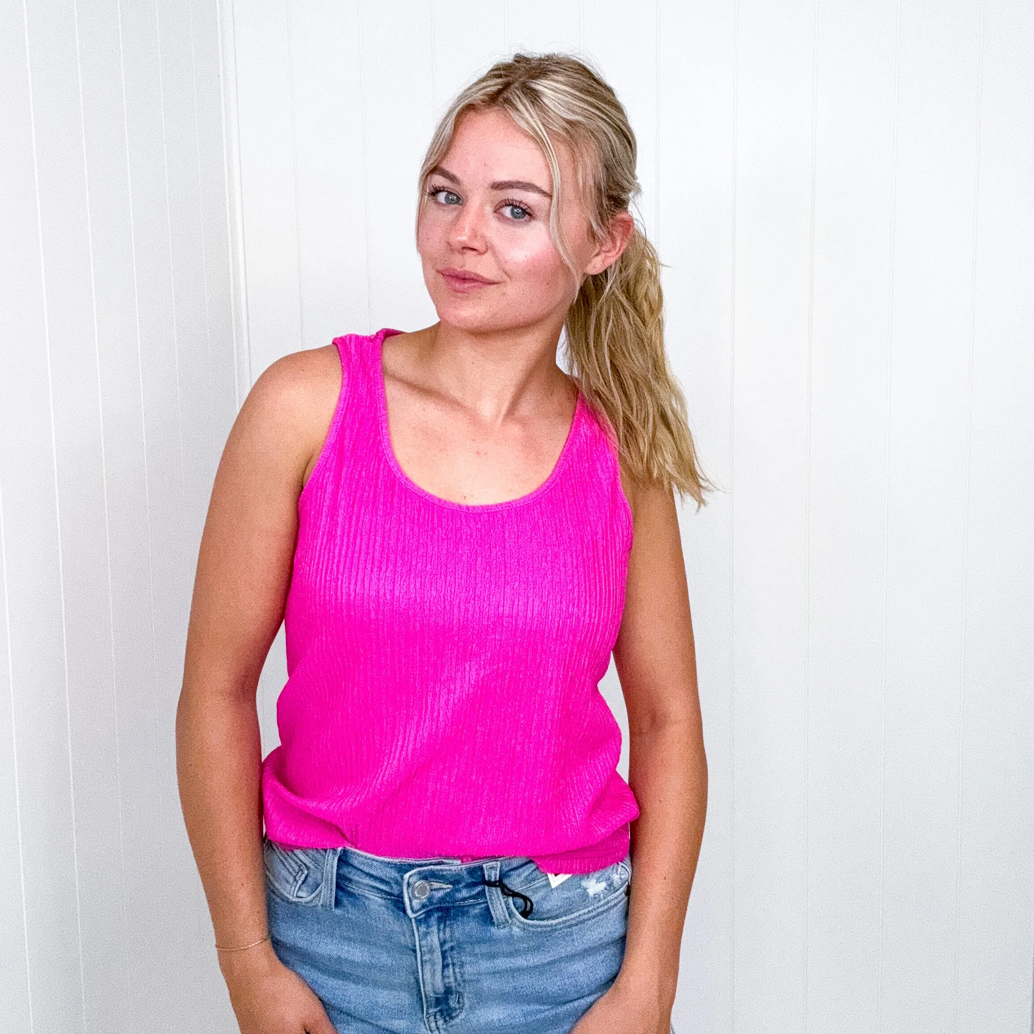 Hot Pink Crinkle Textured Tank Top