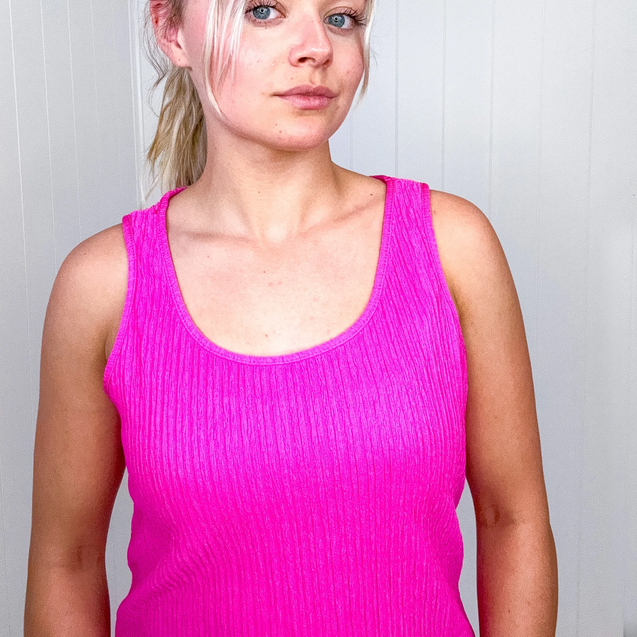 Hot Pink Crinkle Textured Tank Top