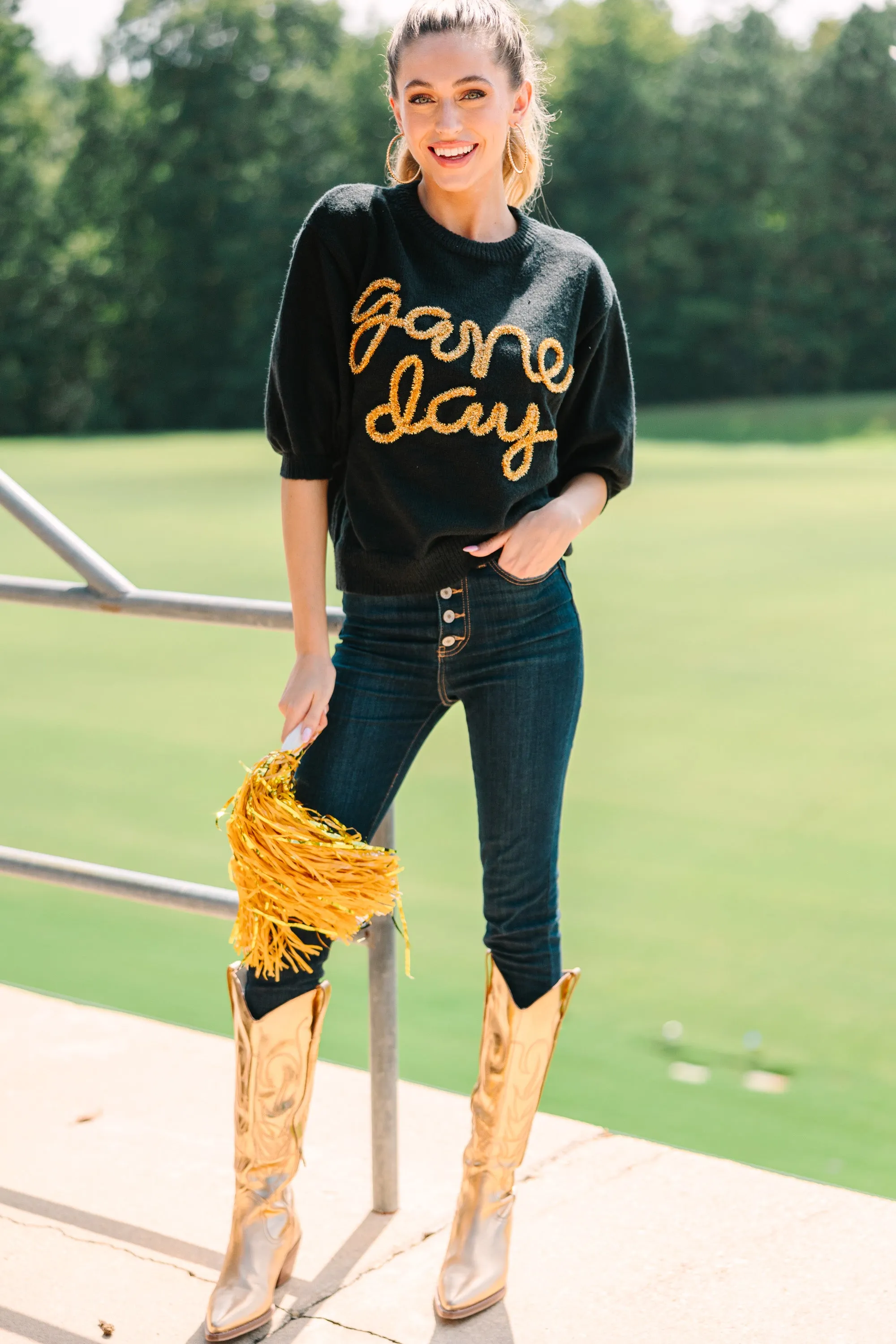 It's Game Day Black/Gold Puff Sleeve Sweater