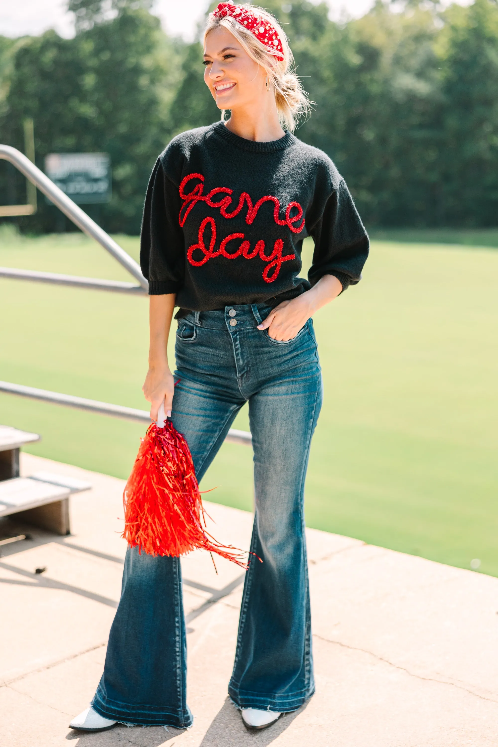 It's Game Day Black/Red Puff Sleeve Sweater