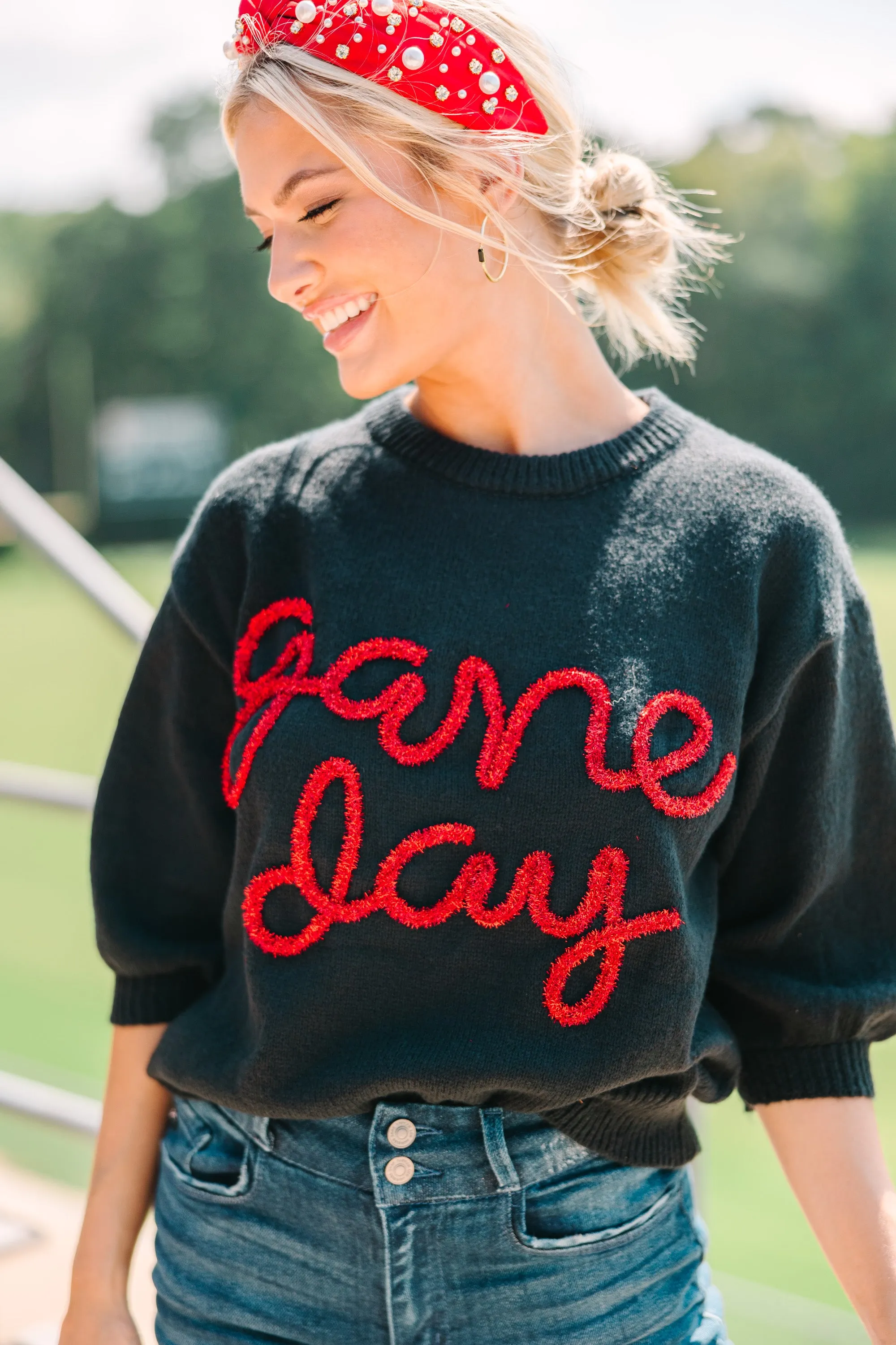 It's Game Day Black/Red Puff Sleeve Sweater