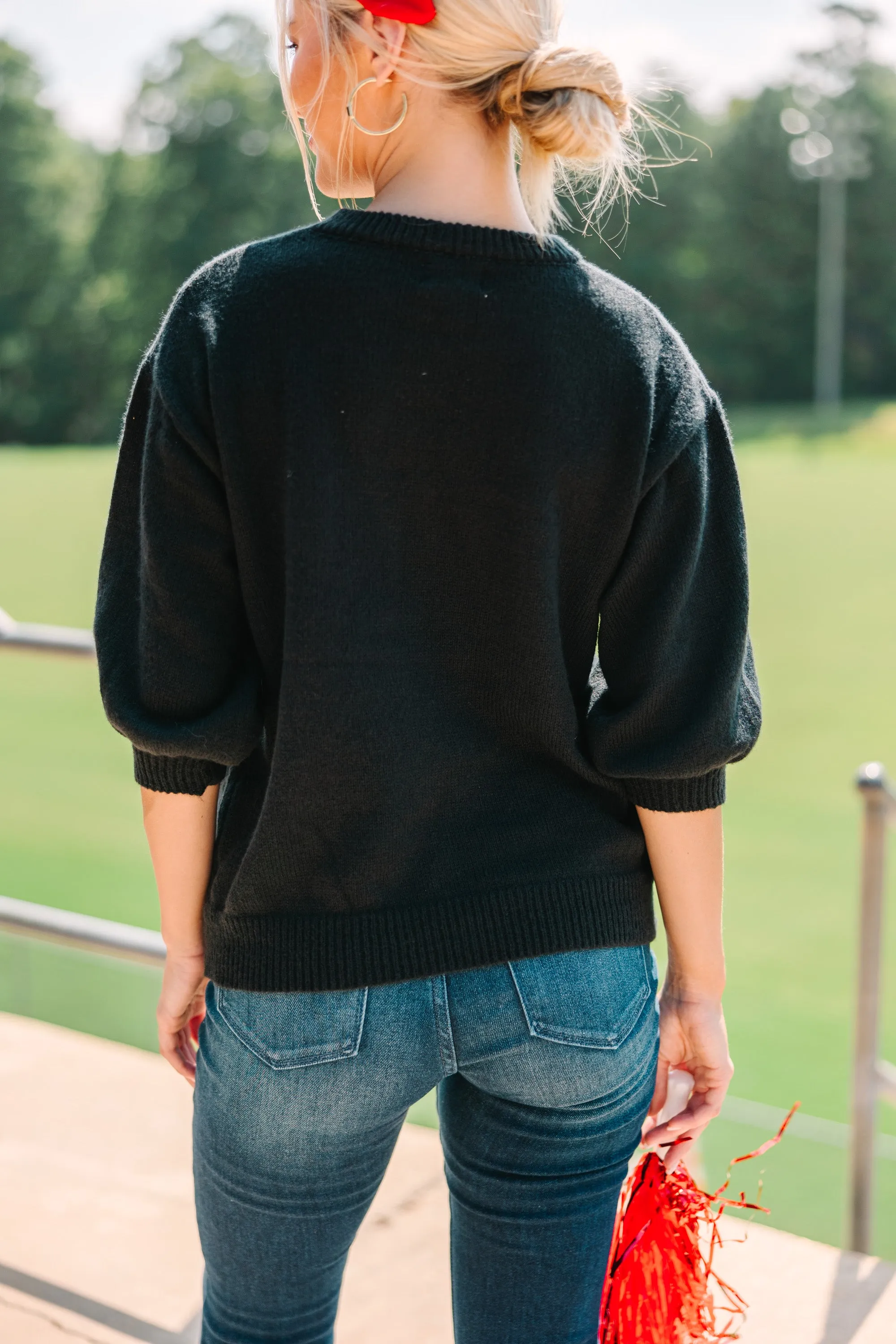 It's Game Day Black/Red Puff Sleeve Sweater