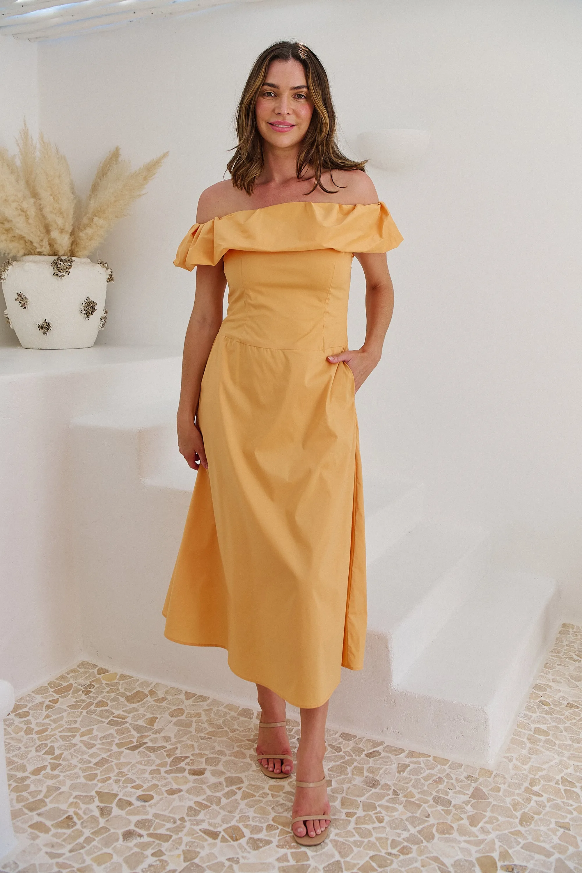 Kaede Peach Off Shoulder Maxi Dress