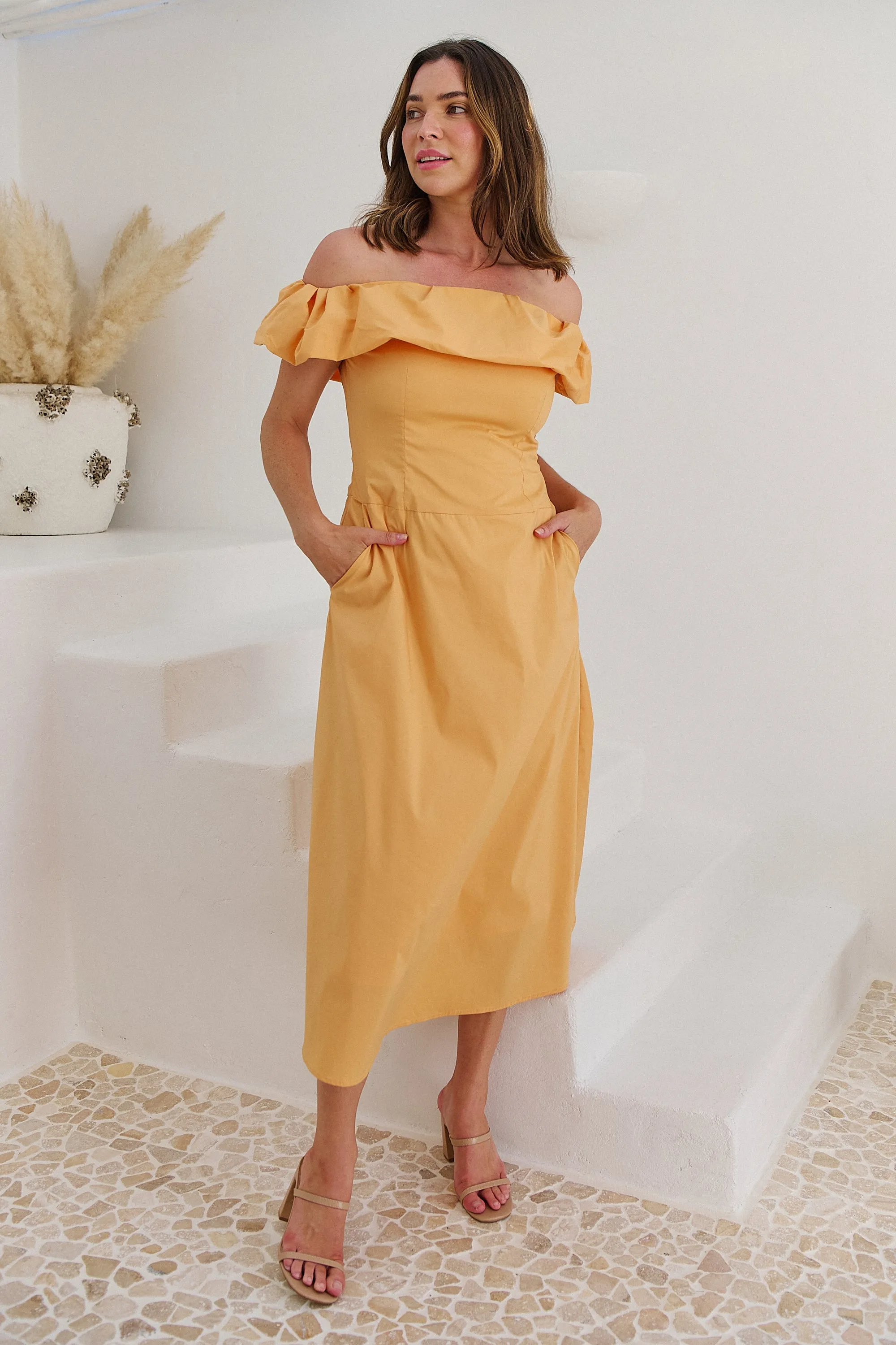 Kaede Peach Off Shoulder Maxi Dress