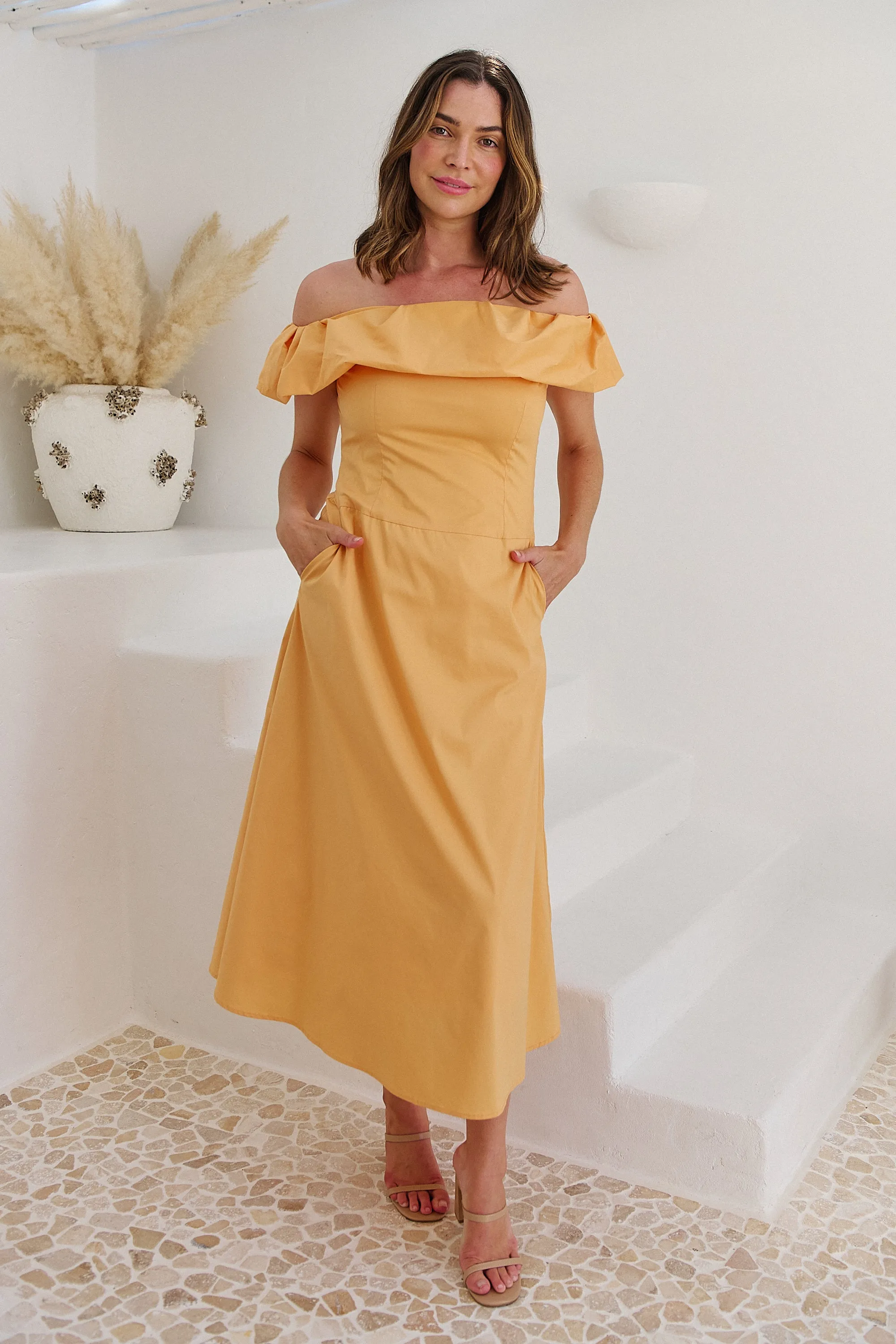 Kaede Peach Off Shoulder Maxi Dress