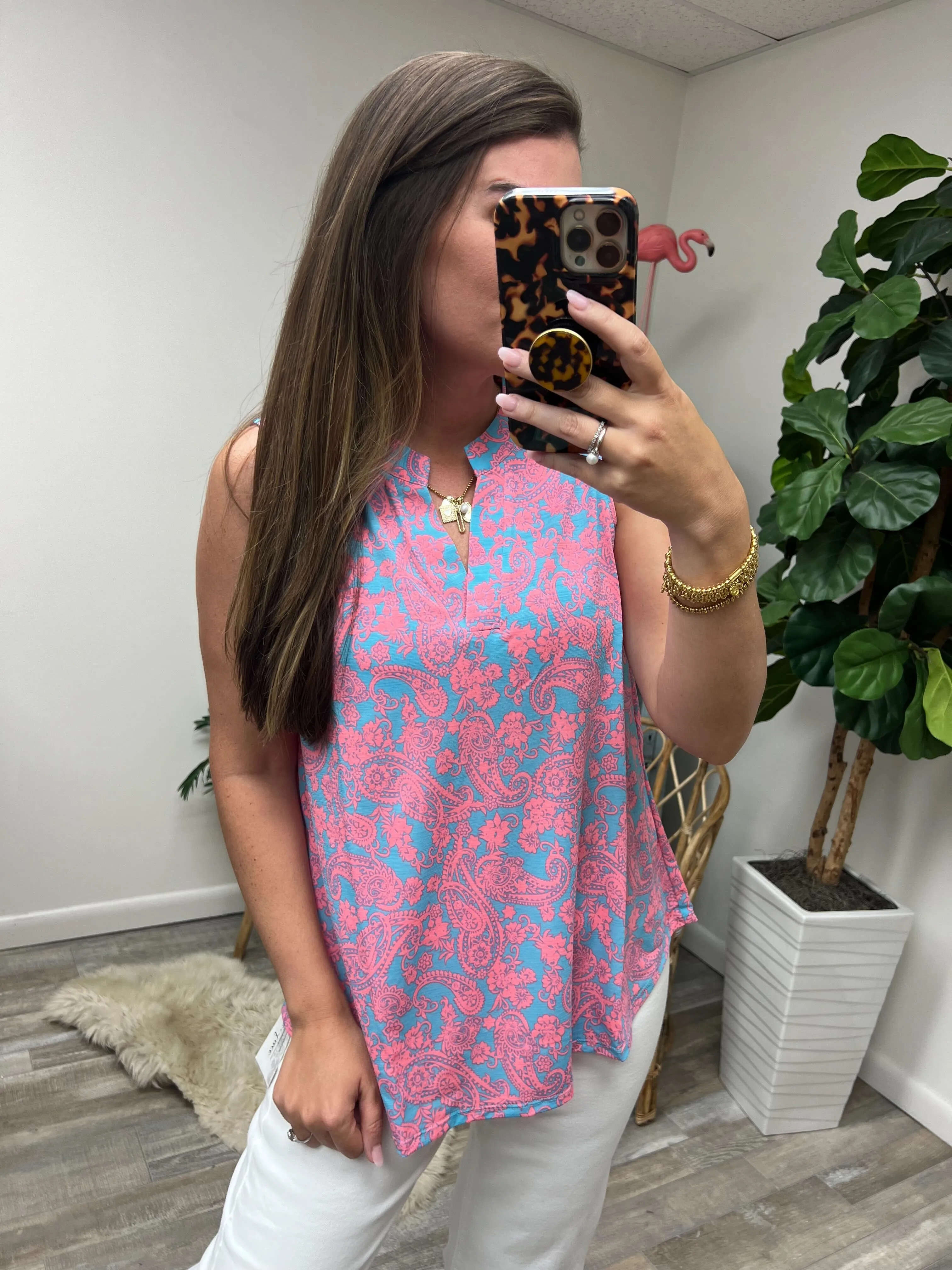 Lizzy Tank Top in Blue and Apricot Paisley - 4/26