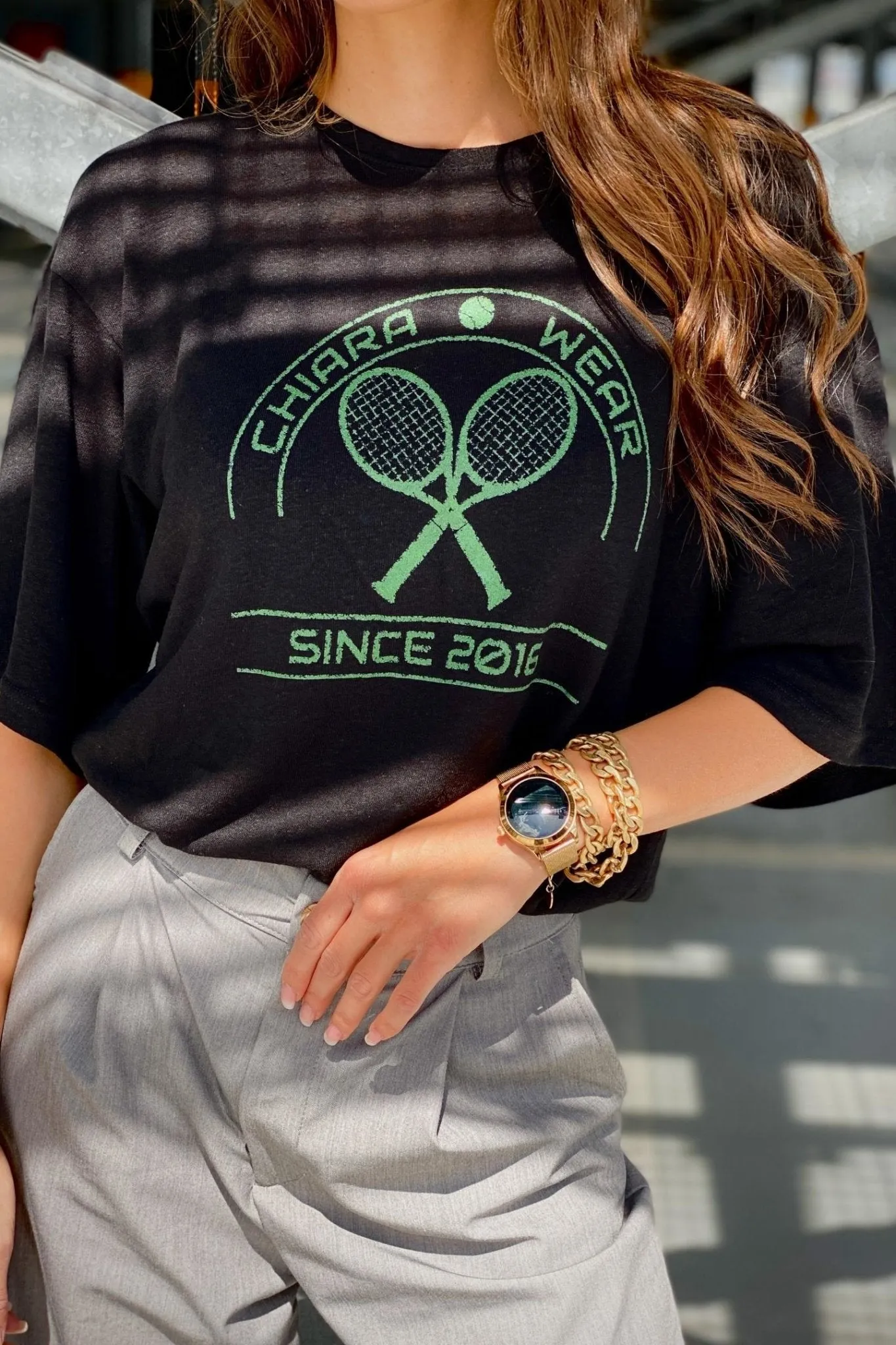 Lniany t-shirt oversize TENNIS - czarny