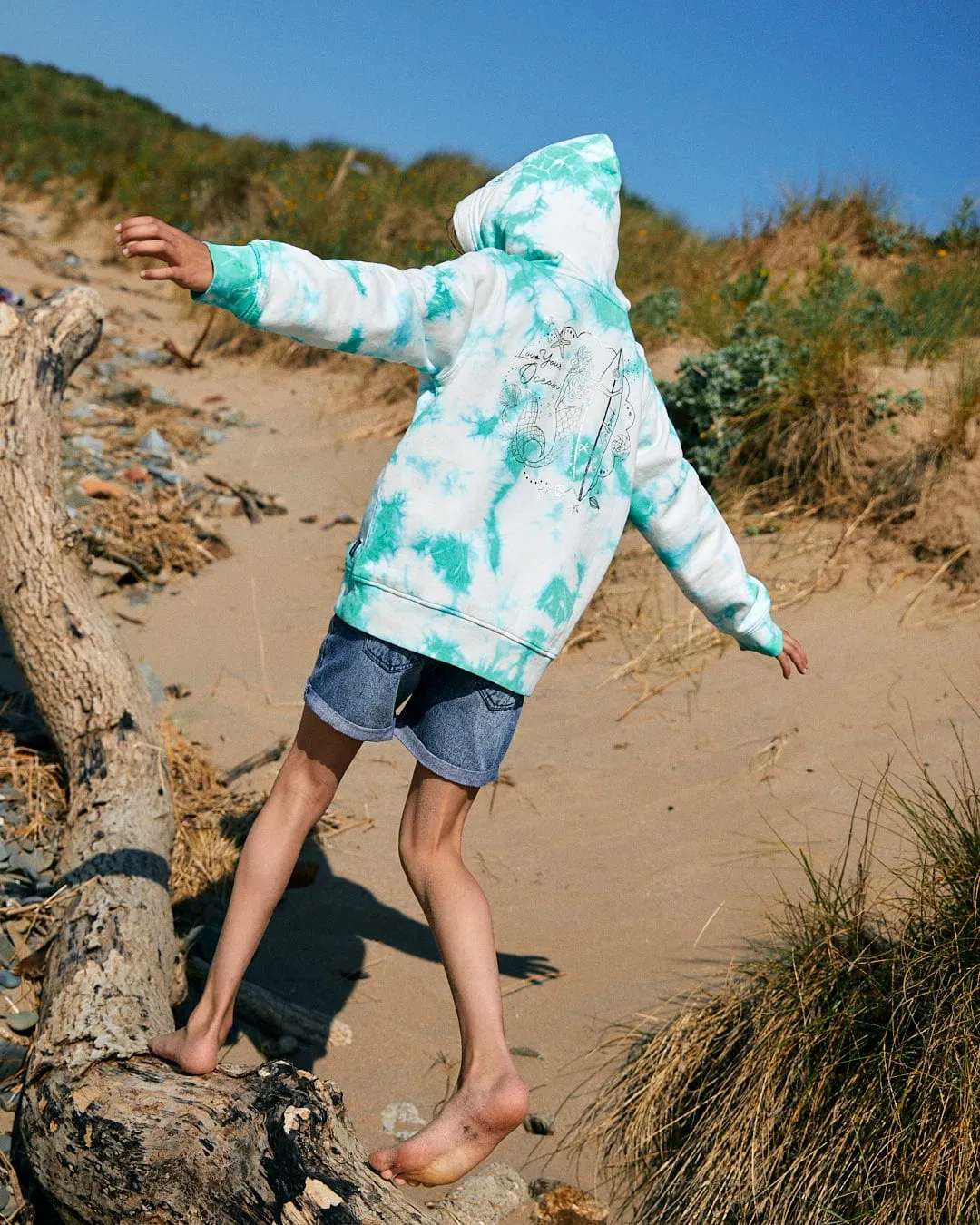 Mermaid Surf - Kids Tie Dye Pop Hoodie - Turquoise/White