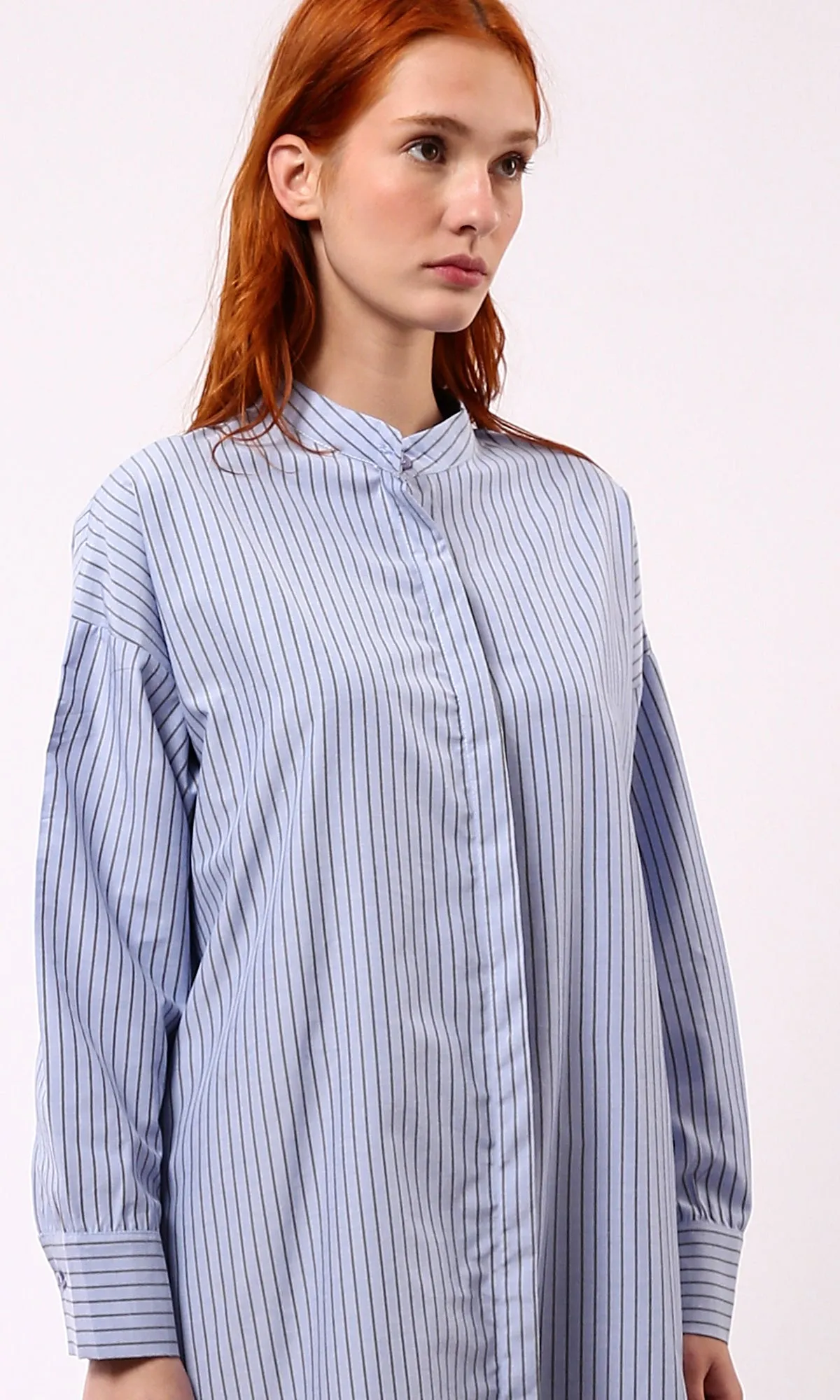 O179190 Light Blue Striped Shirt Dress With Mandarin Collar