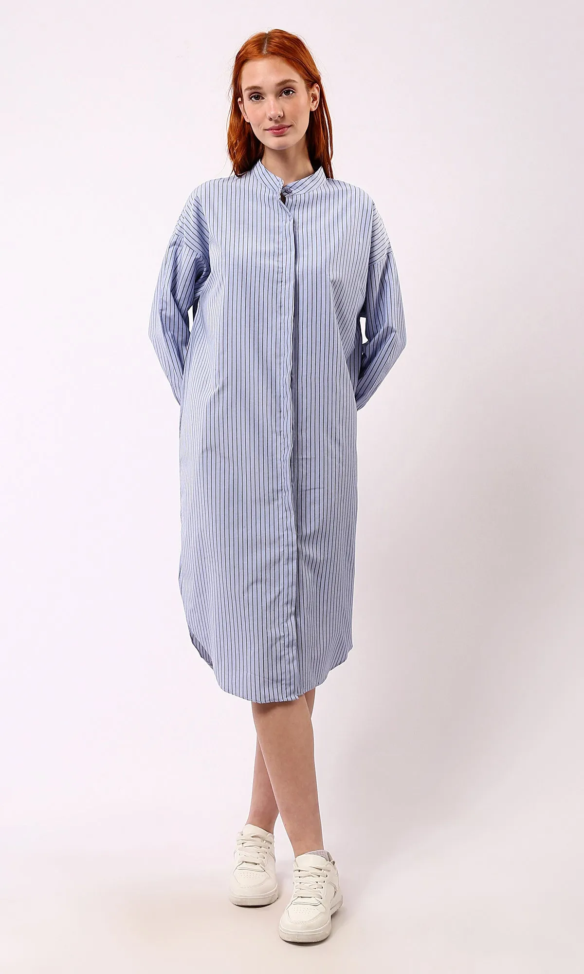 O179190 Light Blue Striped Shirt Dress With Mandarin Collar