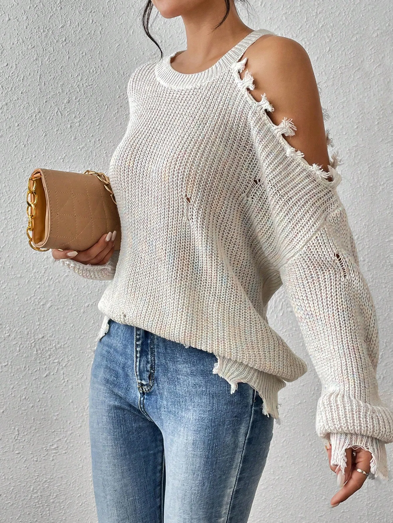 Off the Shoulder Distressed Sweater