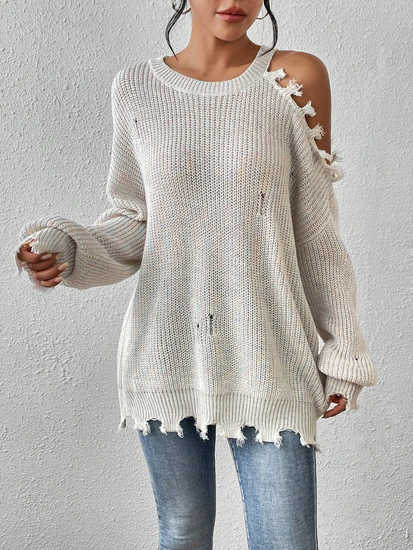 Off the Shoulder Distressed Sweater