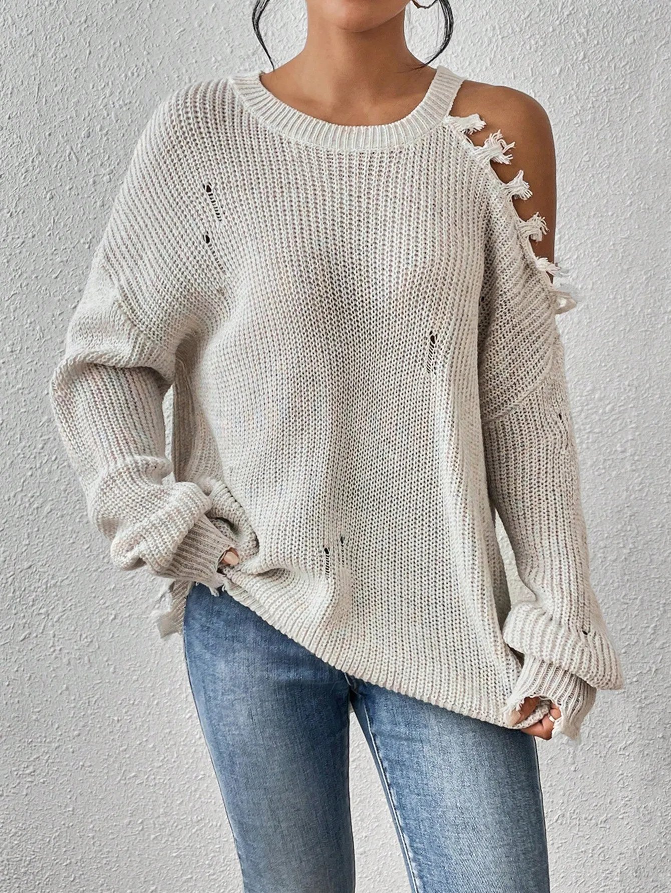 Off the Shoulder Distressed Sweater